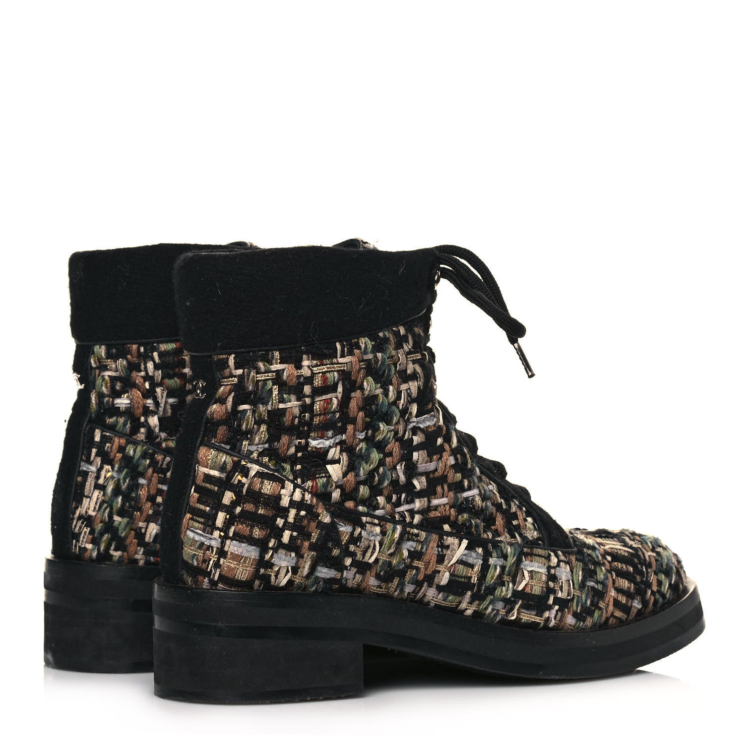 Chanel Tweed Lace Up Short Boots 38.5 Green Brown Black 4 of 7