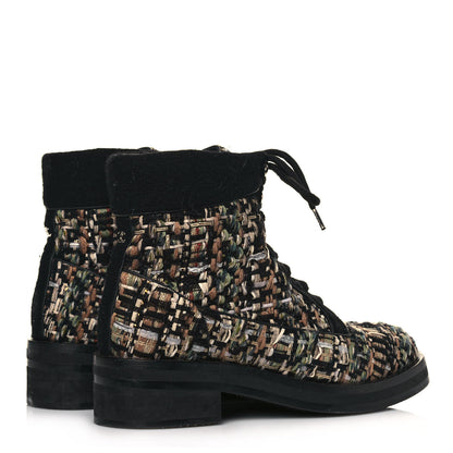 Chanel Tweed Lace Up Short Boots 38.5 Green Brown Black 4 of 7