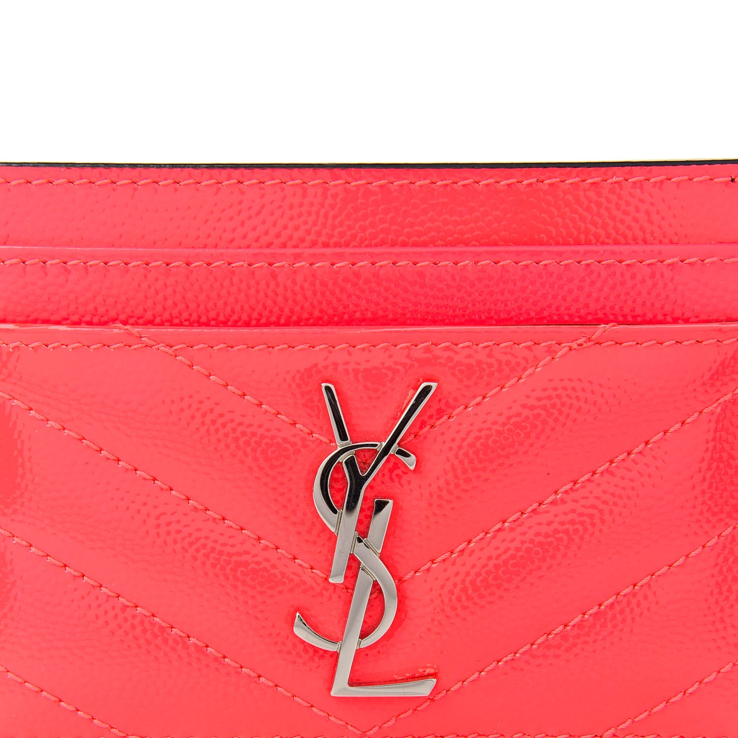 Saint Laurent Patent Grain De Poudre Matelasse Chevron Monogram Credit Card Case Neon Pink 8 of 9