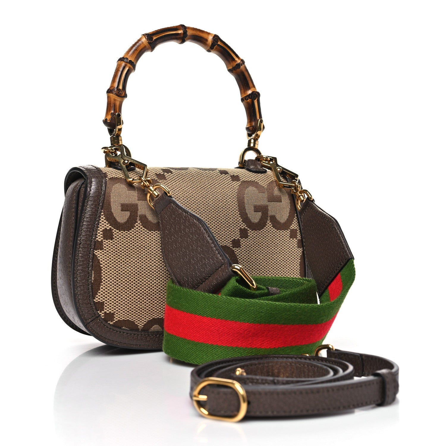 Gucci Monogram Jumbo GG Textured Dollar Calfskin Web Small Bamboo 1947 Top Handle Bag Camel Ebony New Acero 3 of 10