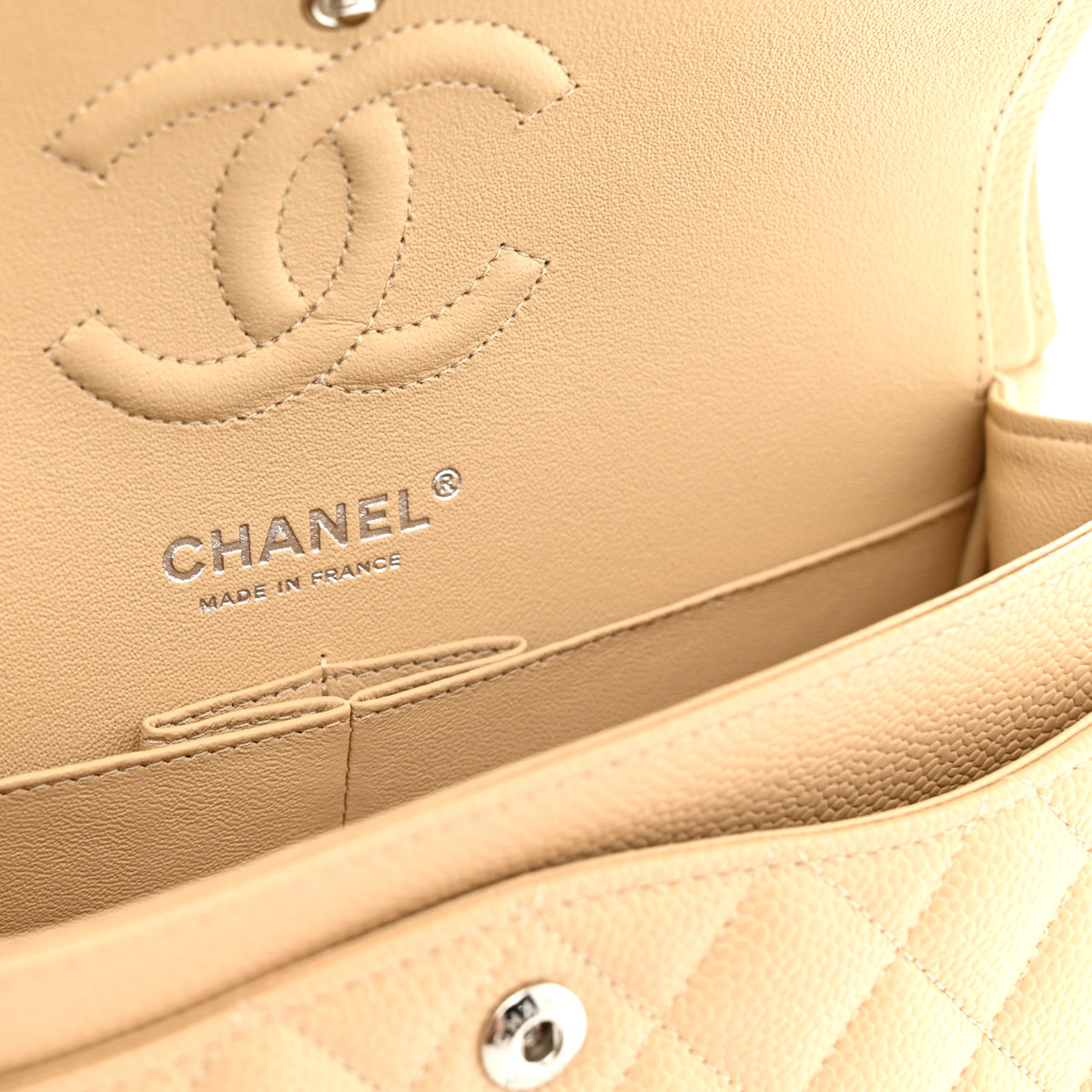 Caviar Quilted Small Double Flap Beige