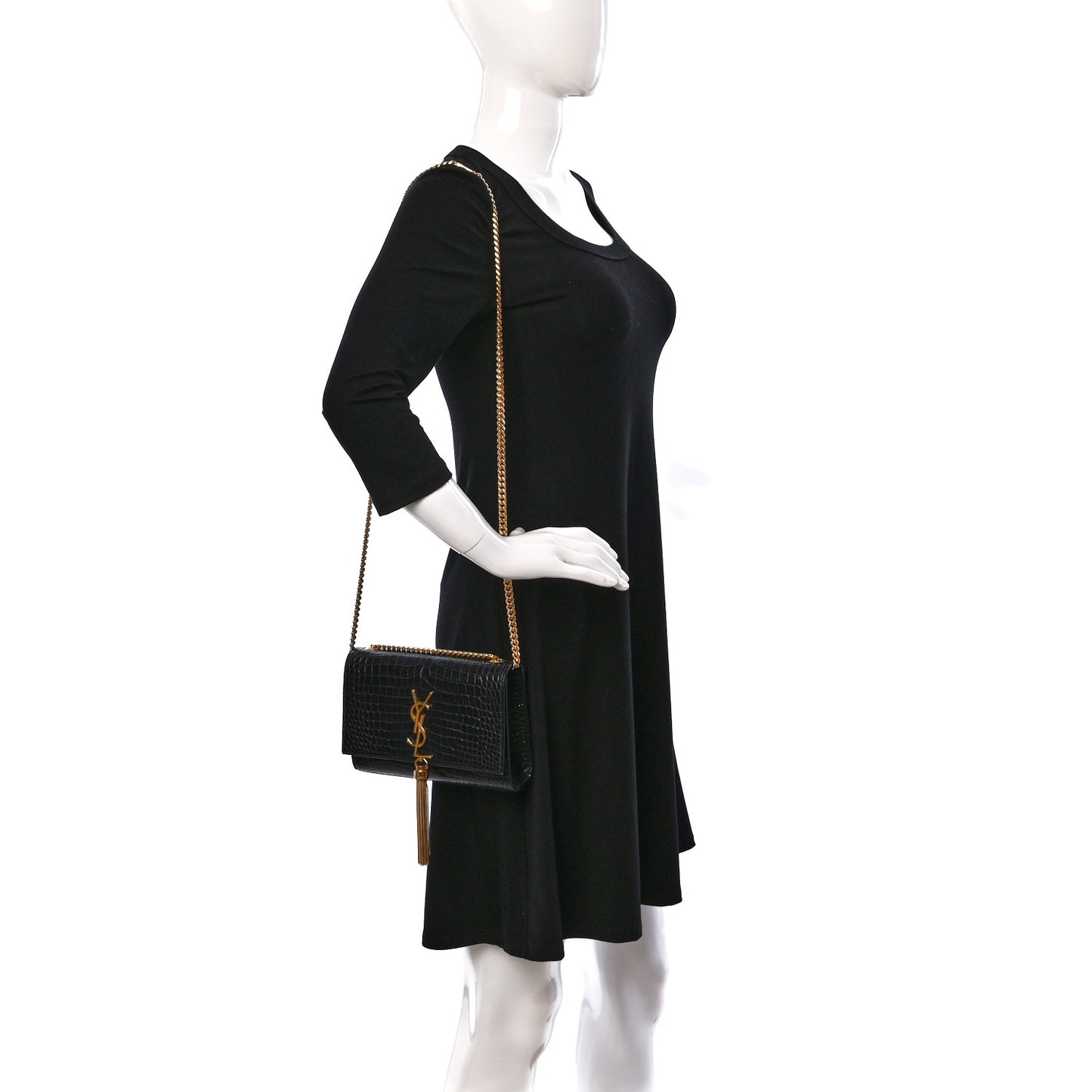 Calfskin Crocodile Embossed Medium Classic Monogram Kate Tassel Satchel Black