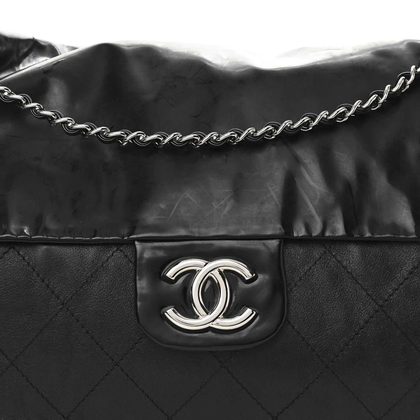 Vinyl Calfskin Quilted Flap Messenger Black