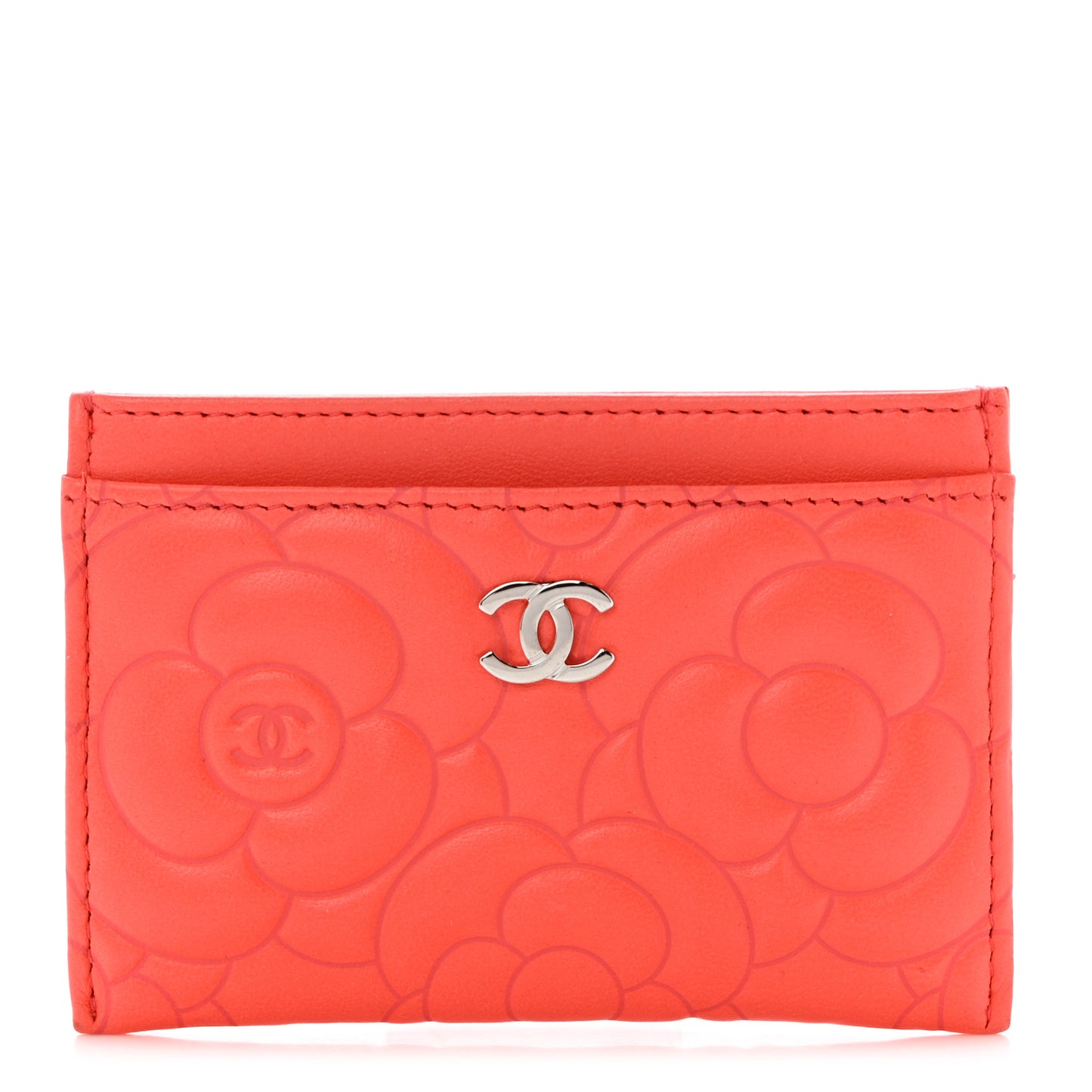 Lambskin Camellia Embossed Card Holder Red