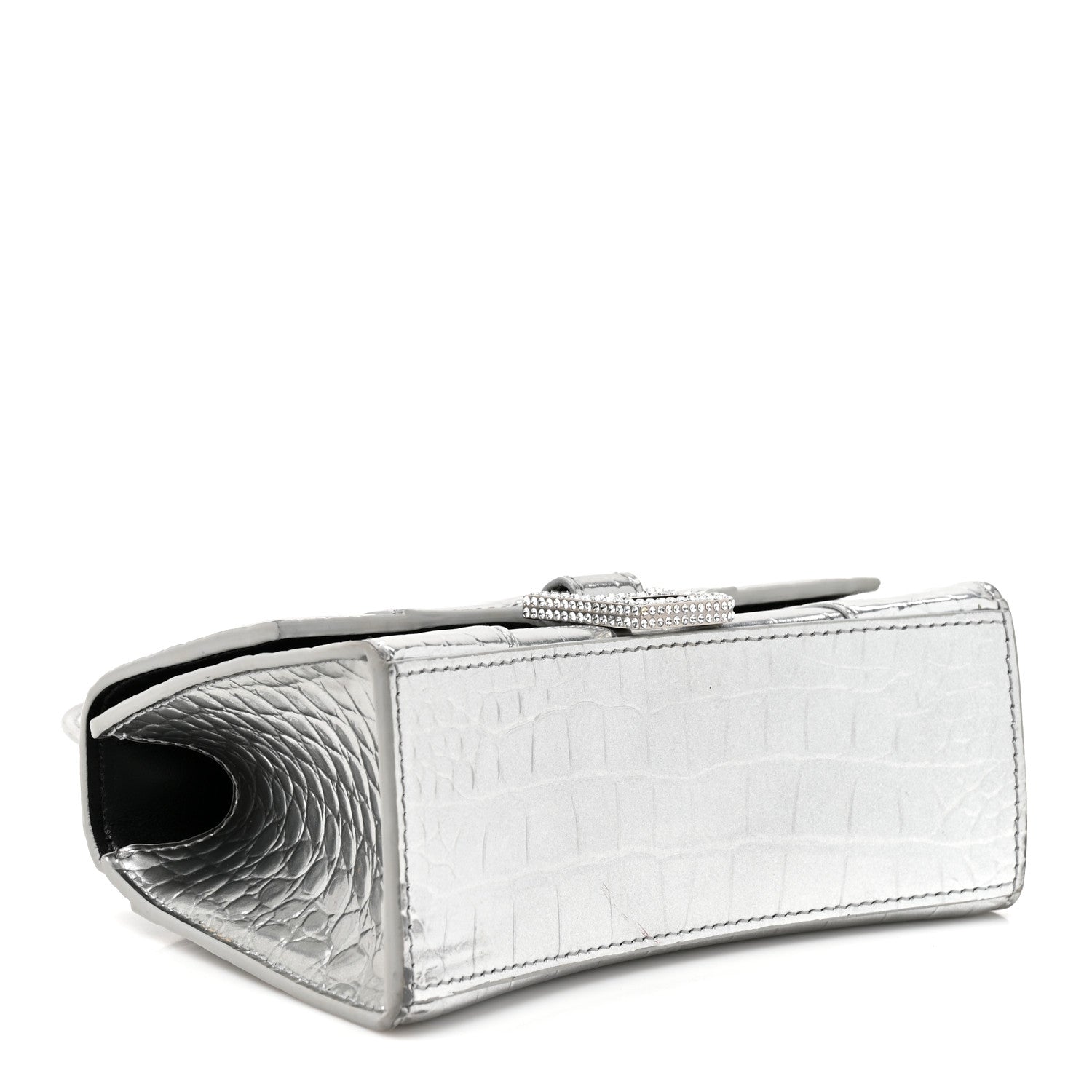 Balenciaga Metallic Calfskin Crocodile Embossed Crystal Hourglass Top Handle Bag XS Silver 4 of 15