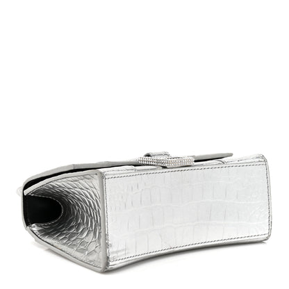 Balenciaga Metallic Calfskin Crocodile Embossed Crystal Hourglass Top Handle Bag XS Silver 4 of 15