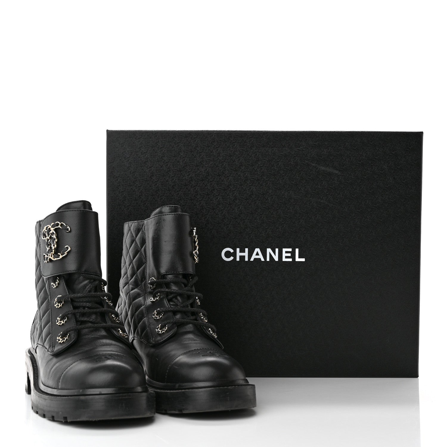 Chanel Shiny Lambskin Quilted Lace Up Combat Boots 40.5 Black 14 of 14