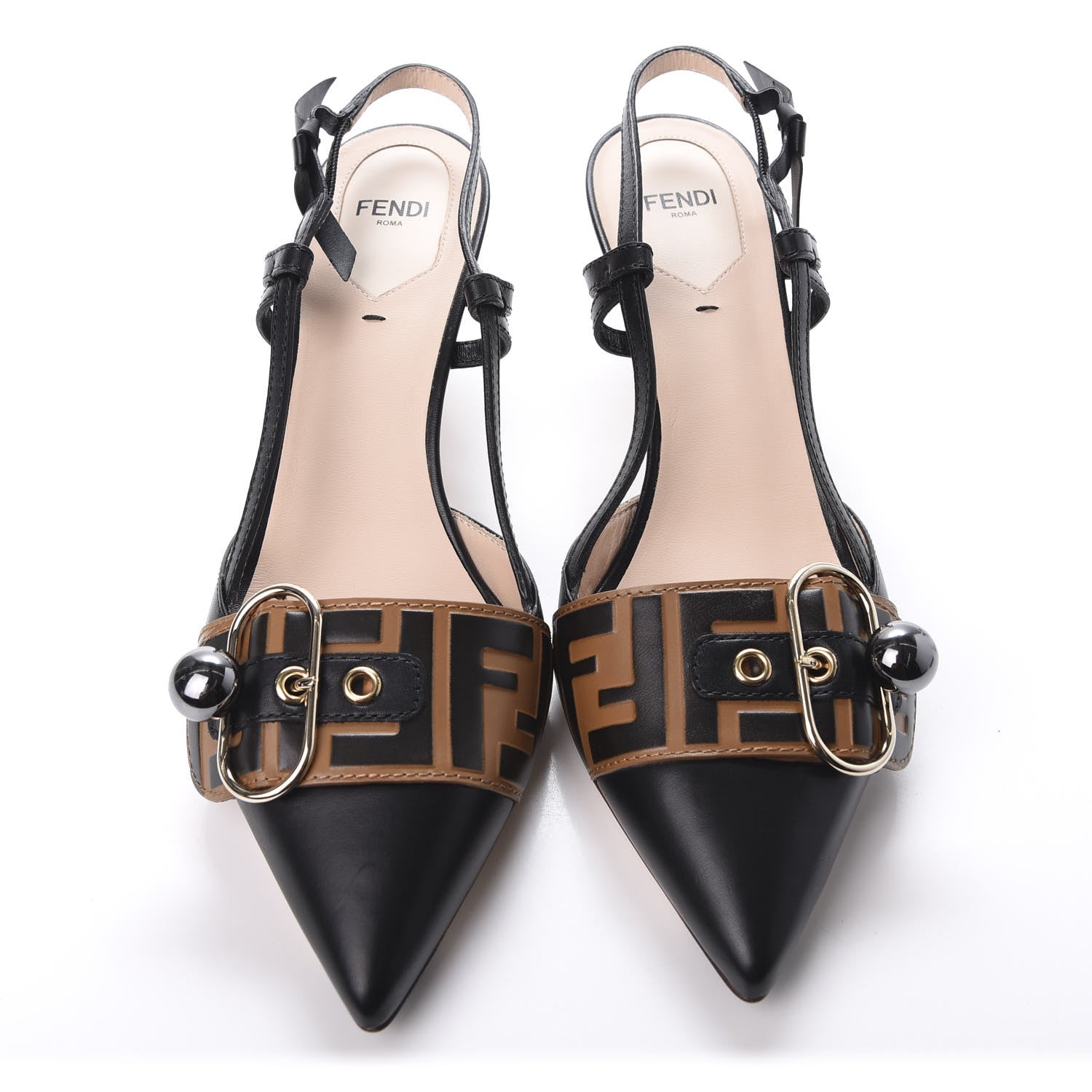 Fendi Vitello FF Embossed Pearland Decollete Aperta Slingback Pumps 40 Black Tobacco Moro 5 of 9