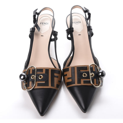 Fendi Vitello FF Embossed Pearland Decollete Aperta Slingback Pumps 40 Black Tobacco Moro 5 of 9