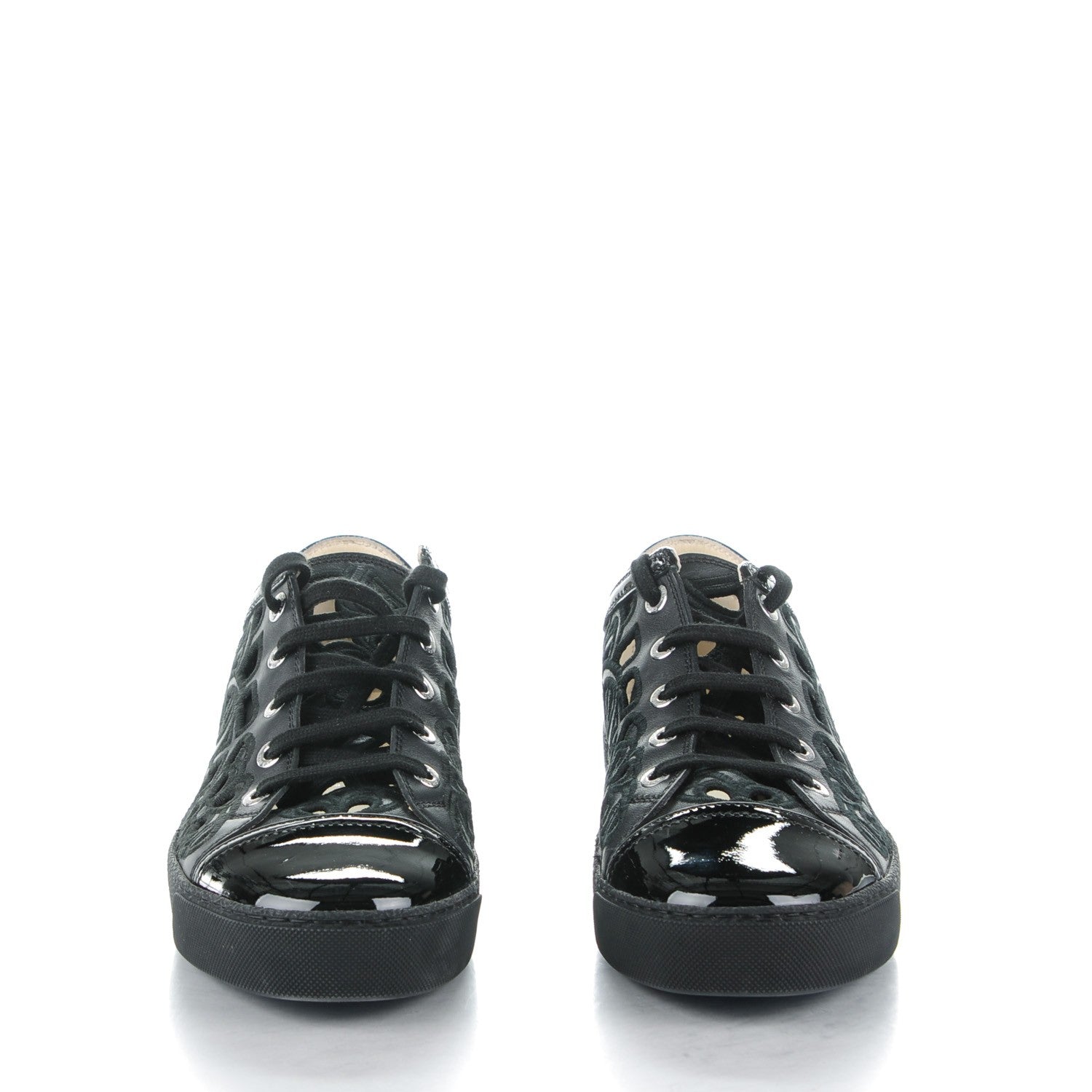 Chanel Patent Grained Goatskin Hollow Out Flower Sneakers 38.5 Black 2 of 9