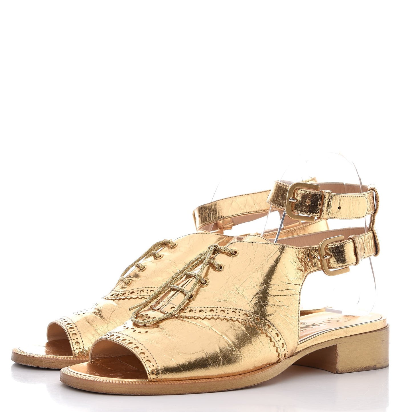 Metallic Calfskin CC Brogue Lace Up Ankle Strap Oxford Peep Toe Sandals 38 Gold