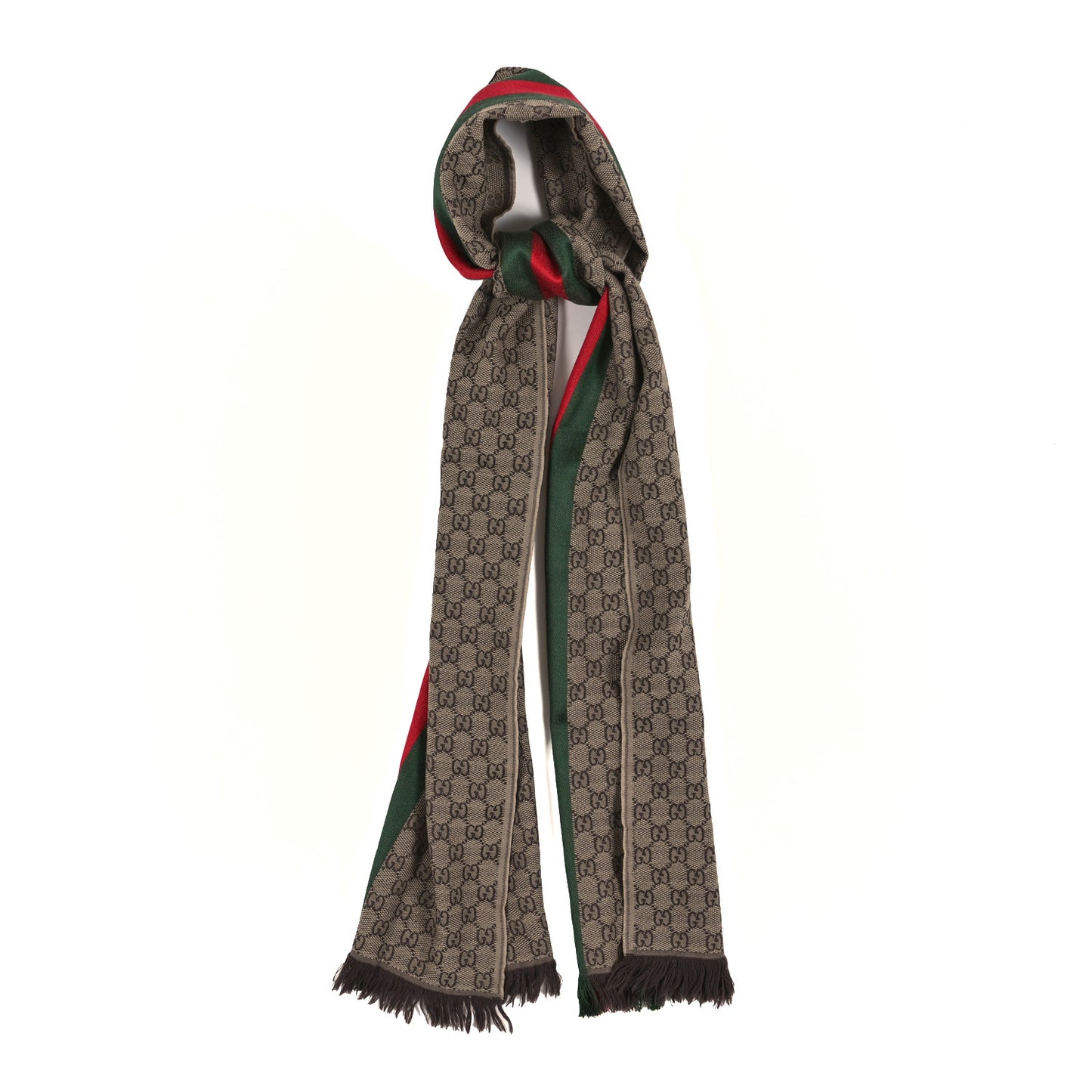 Wool Silk GG Monogram Web Verbier Fringe Scarf Light Brown Dark Green