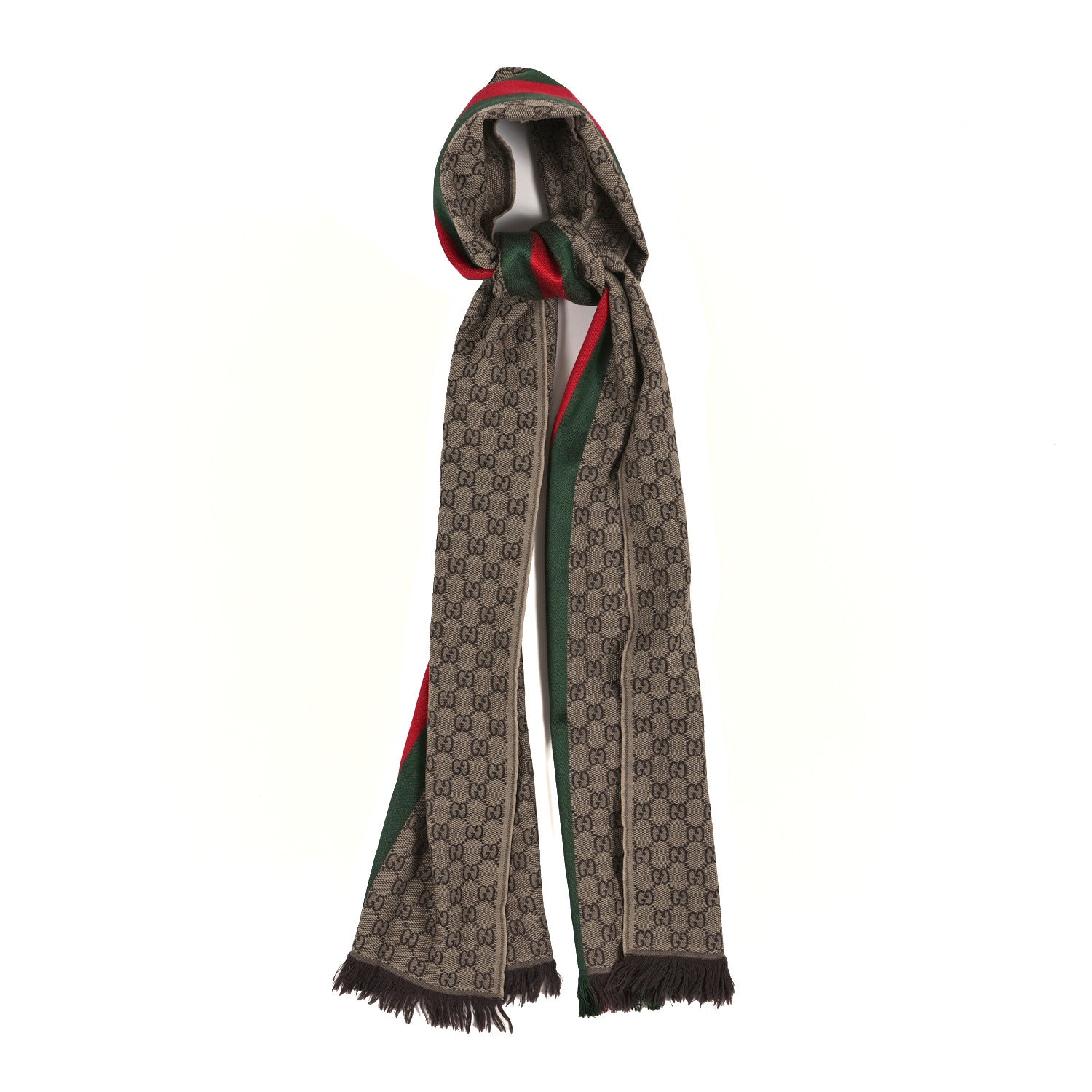 Gucci Wool Silk GG Monogram Web Verbier Fringe Scarf Light Brown Dark Green 1 of 3