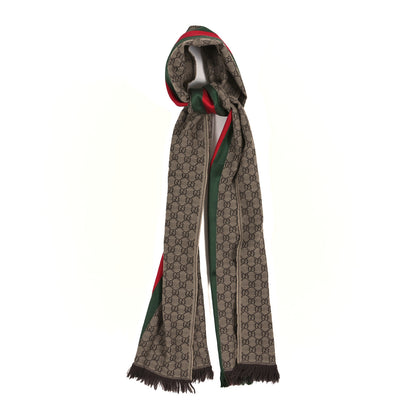 Gucci Wool Silk GG Monogram Web Verbier Fringe Scarf Light Brown Dark Green 1 of 3