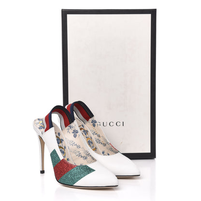 Gucci Calfskin Glitter Web High Heel Slingback Pumps 35 White 10 of 10