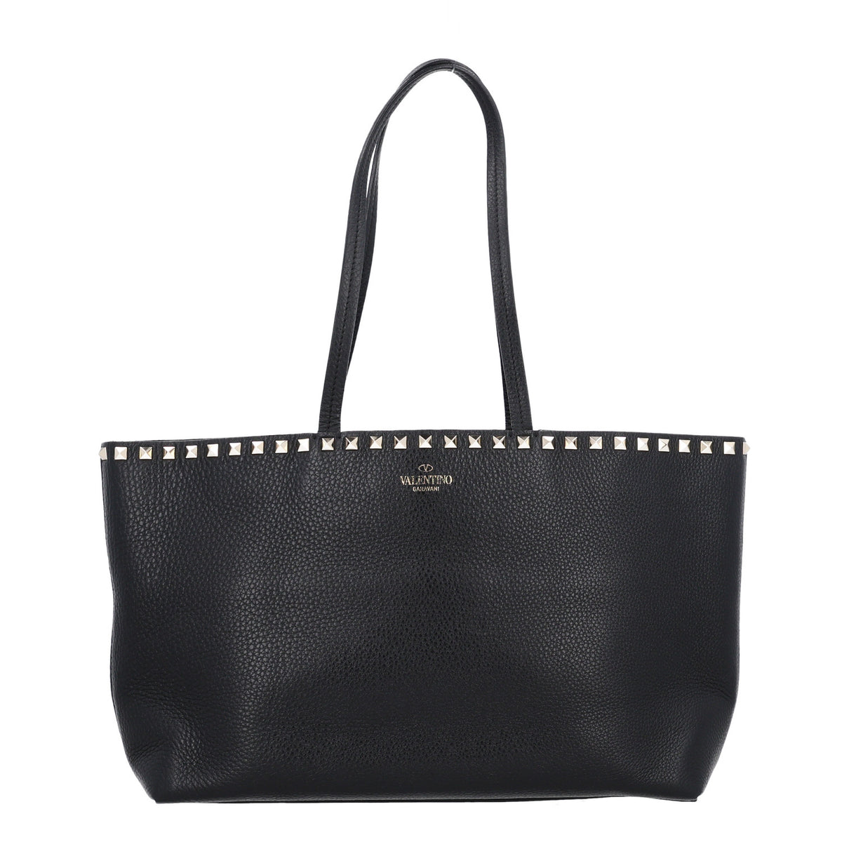 Grained Calfskin Small Rockstud Shoulder Tote Black