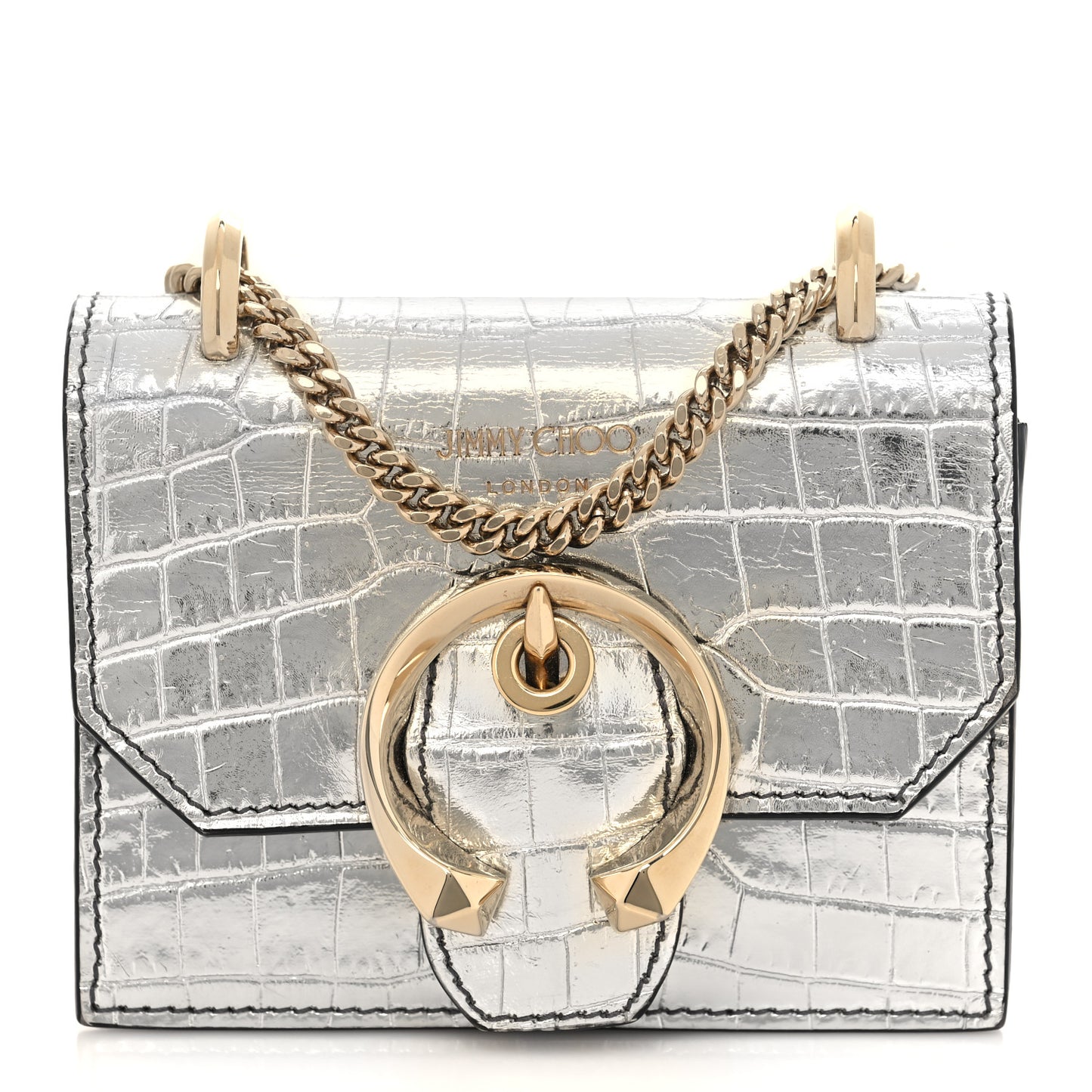 Metallic Calfskin Crocodile Embossed Mini Paris Crossbody Silver