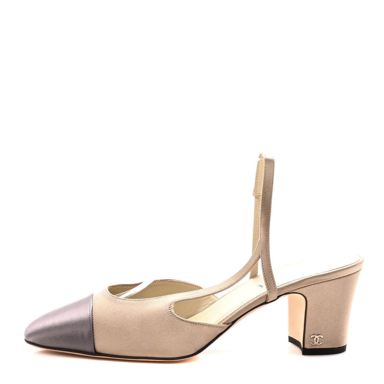 Chanel Satin Cap Toe CC Slingback Pumps 41 Beige Grey 1 of 8