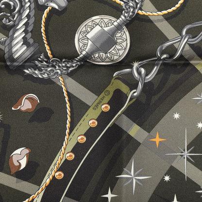 Hermes Silk C'est La Fete Scarf 90 Kaki Anthracite Gris 3 of 4