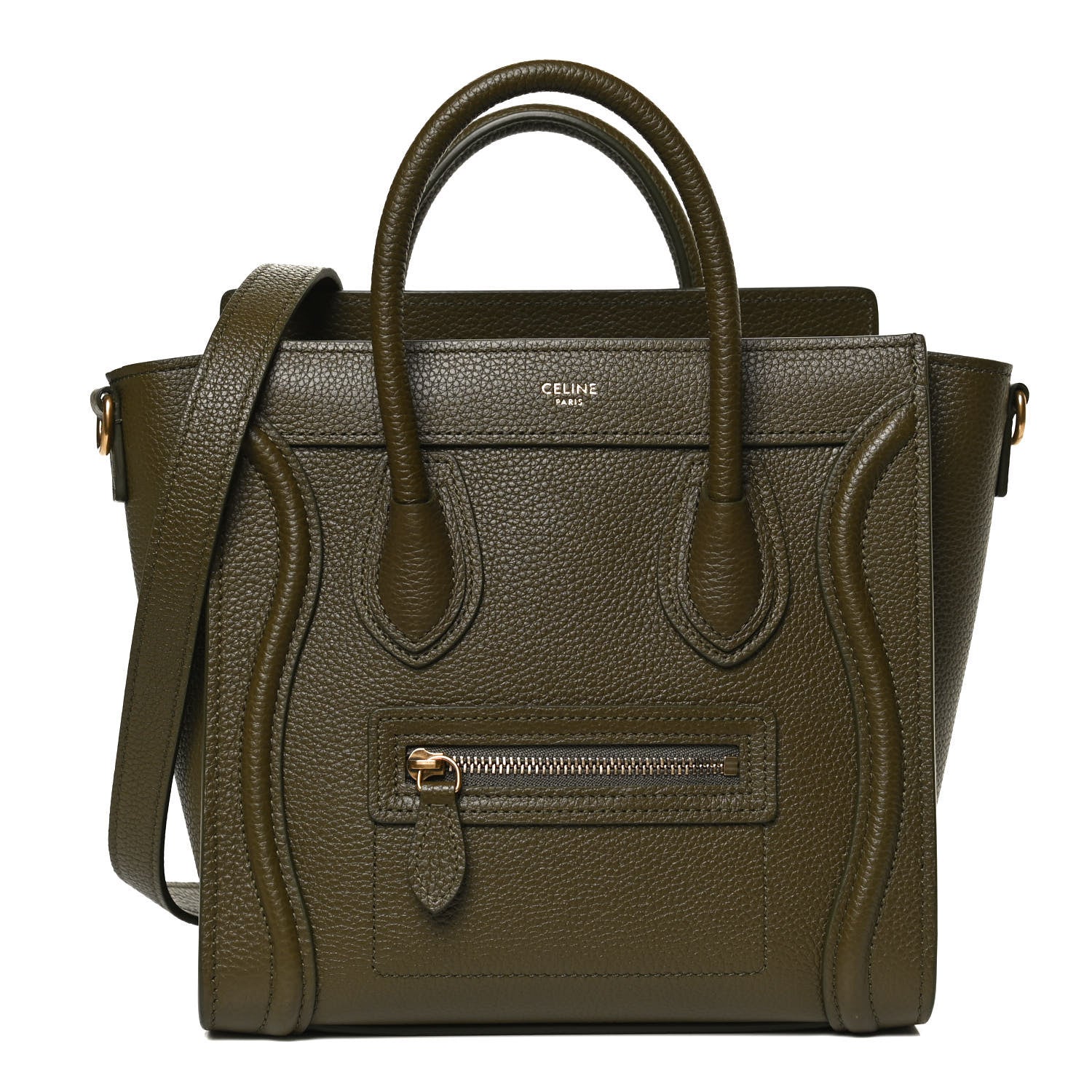 Celine Drummed Calfskin Nano Luggage Dark Olive 1 of 13