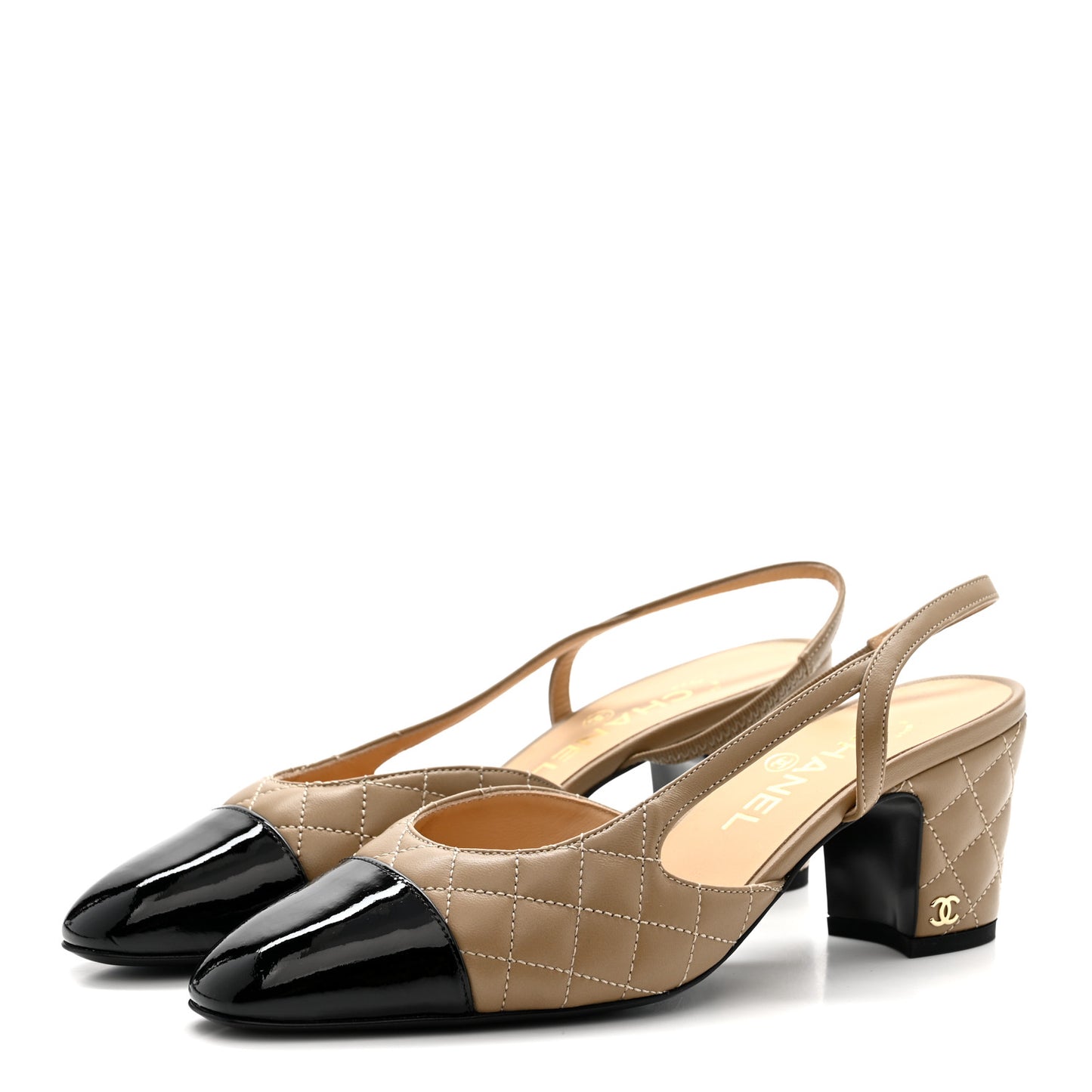 Lambskin Patent Calfskin Quilted Cap Toe CC Slingback Pumps 38 Beige Black