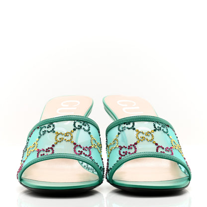 Gucci Tela Retino Nappa Crystal GG Monogram Square G 95mm Slide Sandals 37 Turquoise 2 of 9