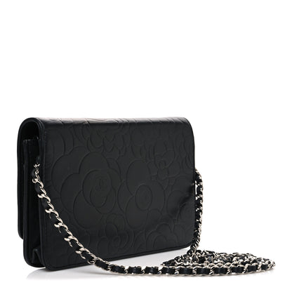 Chanel Lambskin Camellia Embossed Wallet on Chain WOC Black 3 of 11