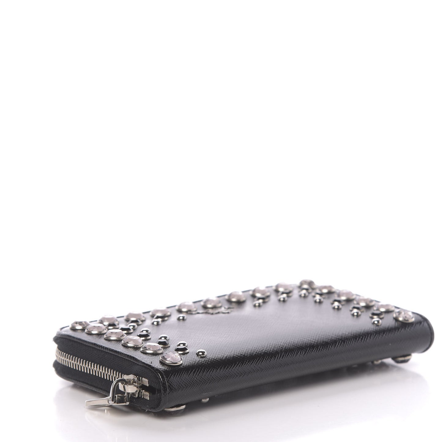 Saffiano Vernice Crystal Studded Zip Around Wallet Black