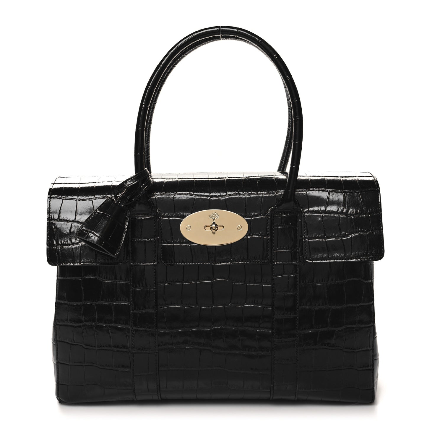 Shiny Calfskin Crocodile Print Small Bayswater Satchel Black