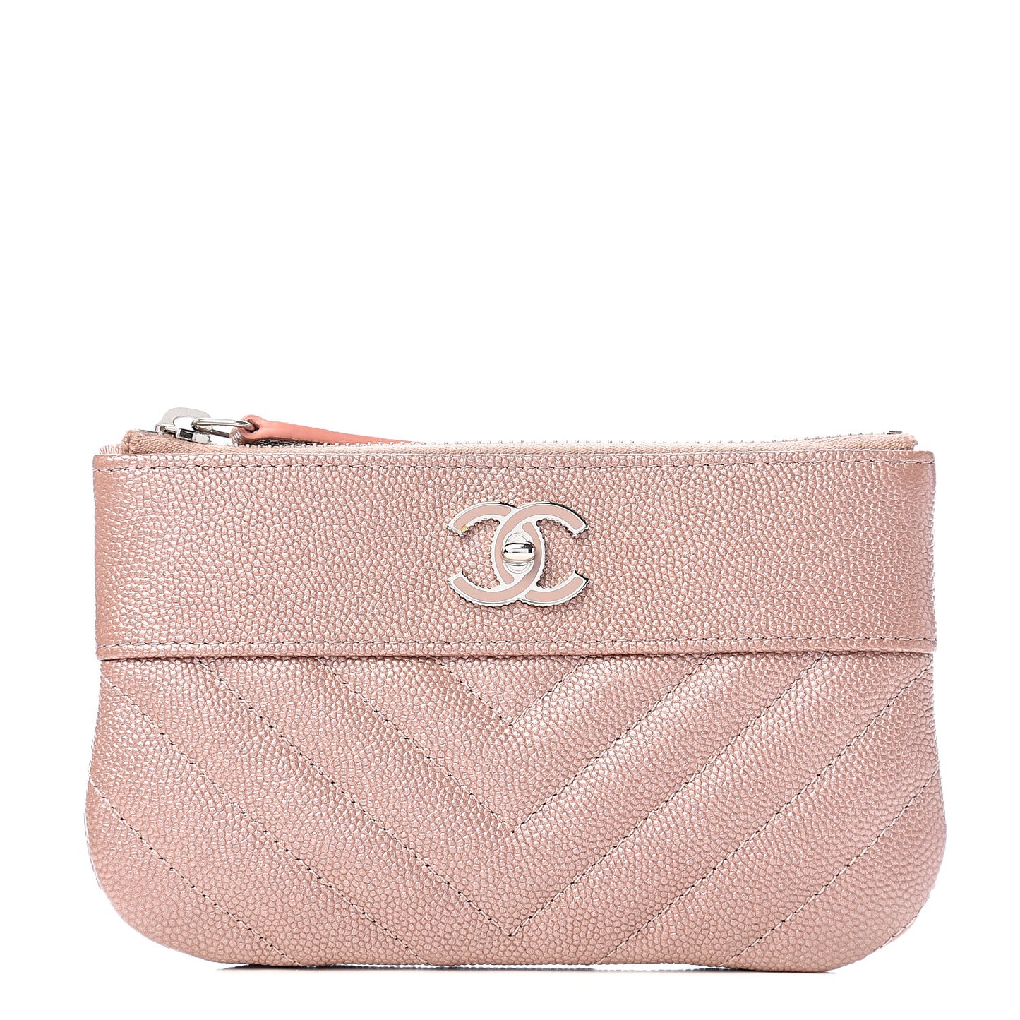 Metallic Caviar Chevron Quilted Small Vintage Mademoiselle Cosmetic Case Pink