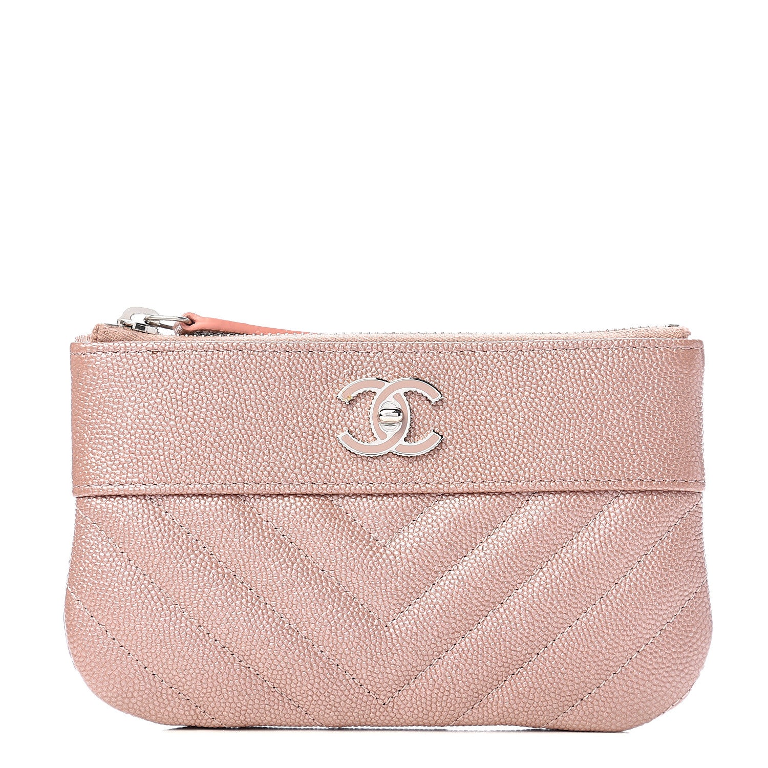 Chanel Metallic Caviar Chevron Quilted Small Vintage Mademoiselle Cosmetic Case Pink 1 of 7