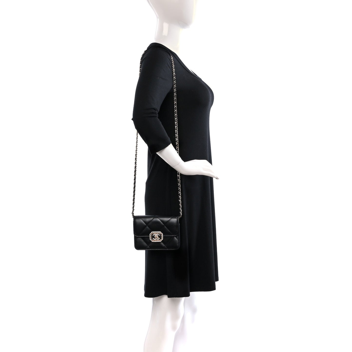 Calfskin Strass Quilted Clutch With Chain Flap Black
