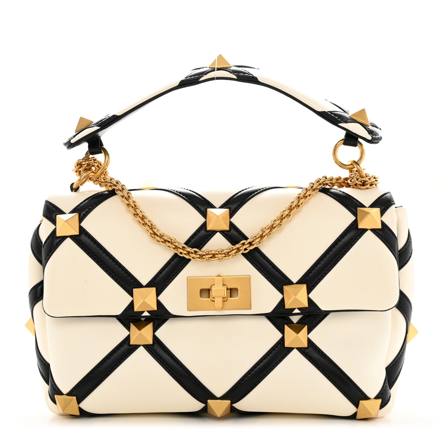 Valentino Garavani Nappa Large Roman Stud Shoulder Bag Ivory Black 1 of 10