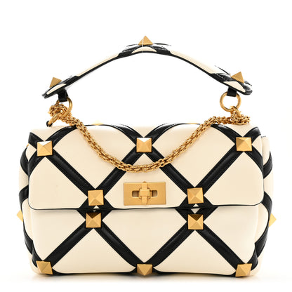 Valentino Garavani Nappa Large Roman Stud Shoulder Bag Ivory Black 1 of 10
