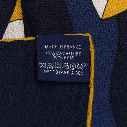 Hermes Cashmere Silk Cheval De Fete Shawl 140 Naturel Marine Moutarde 5 of 5