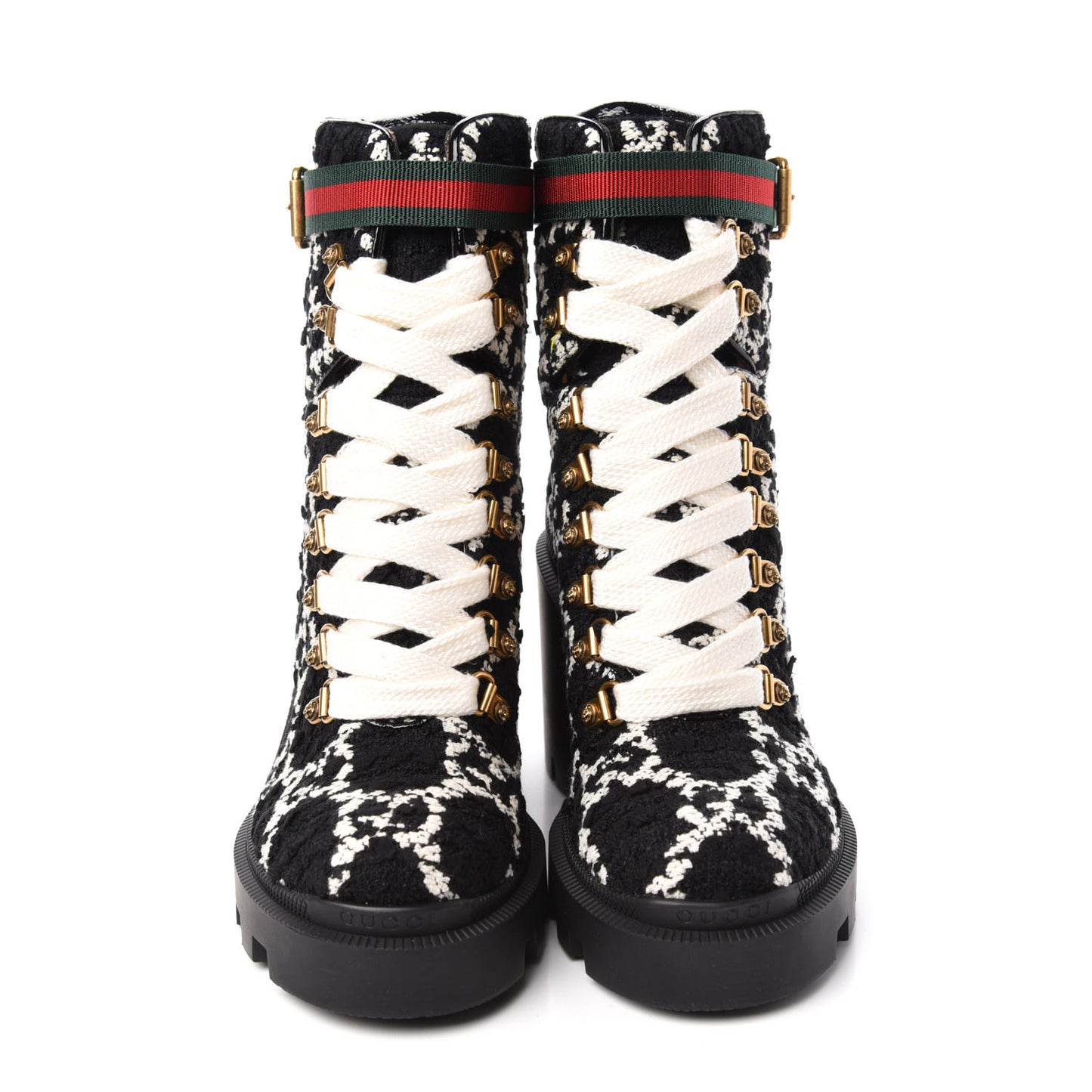 Tweed GG Monogram Lace Up Combat Ankle Boots 35 Black