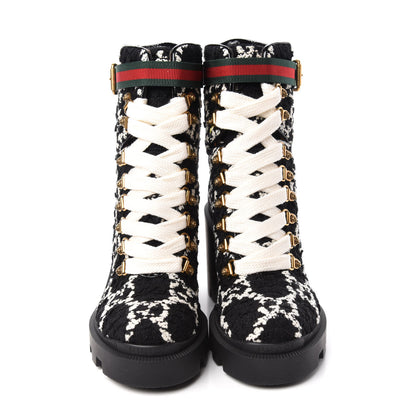 Gucci Tweed GG Monogram Lace Up Combat Ankle Boots 35 Black 5 of 11