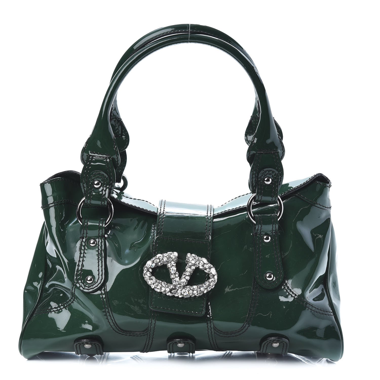 Valentino Garavani Patent Crystal Catch Satchel Green 1 of 13