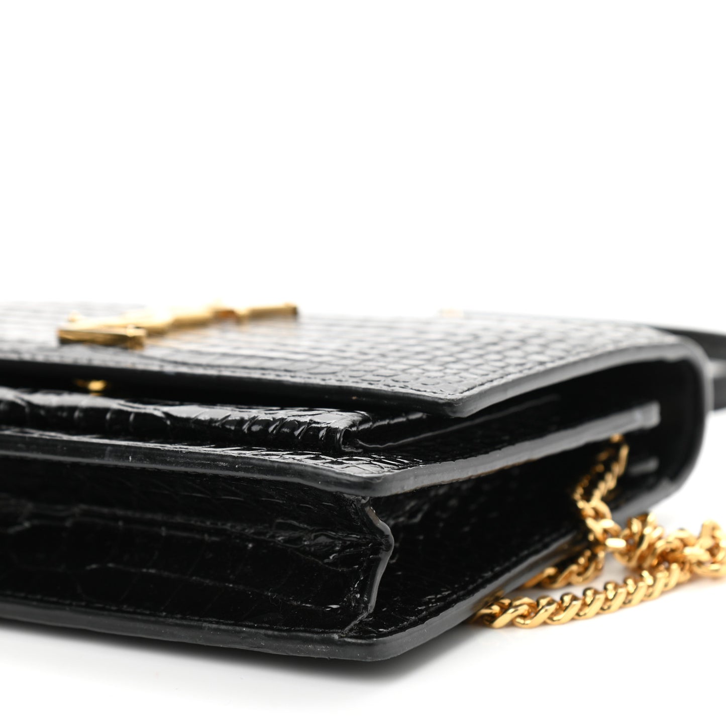 Calfskin Crocodile Embossed Monogram Sunset Top Handle Chain Wallet Black