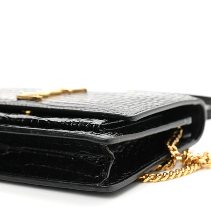 Saint Laurent Calfskin Crocodile Embossed Monogram Sunset Top Handle Chain Wallet Black 9 of 9
