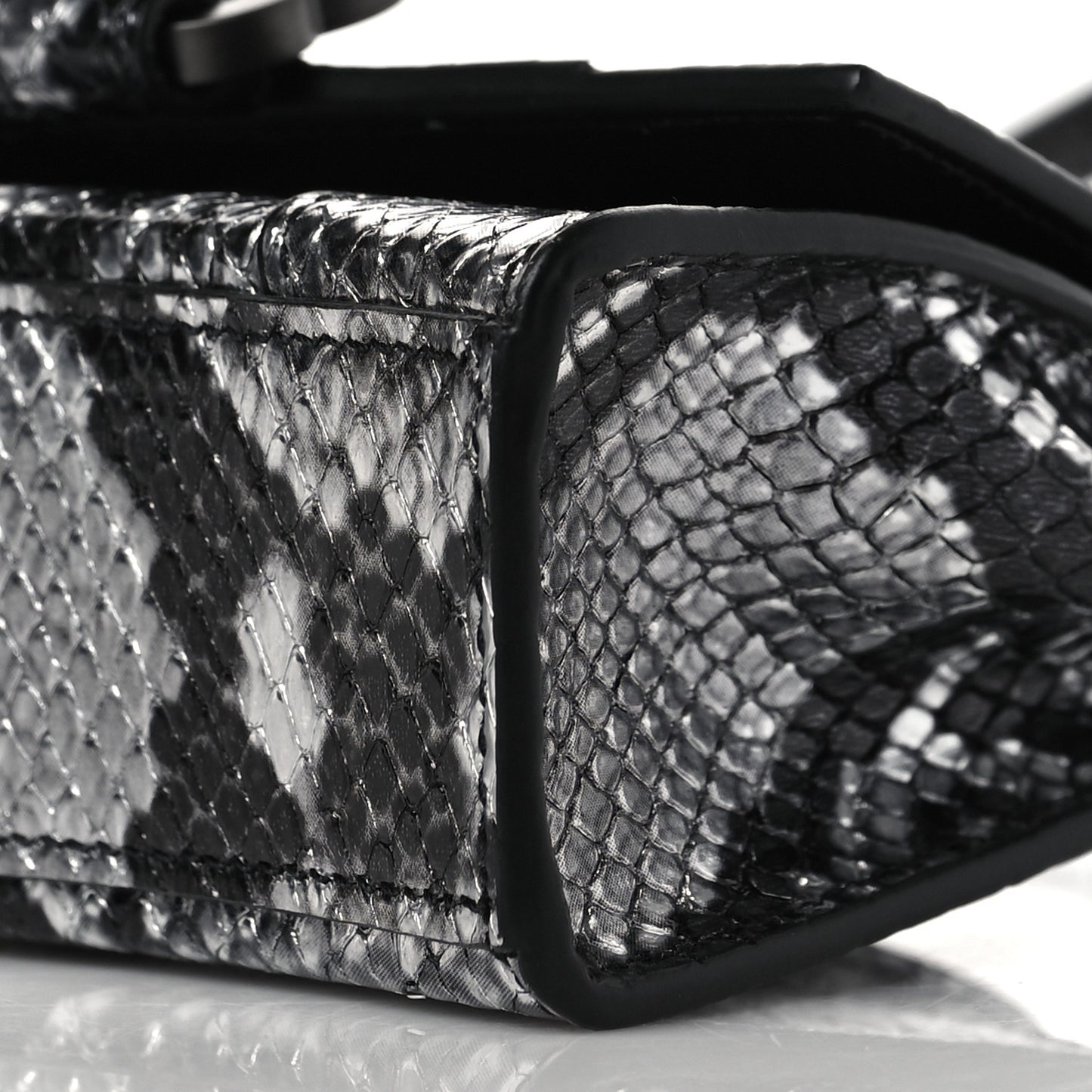 Shiny Calfskin Python Effect Hourglass Top Handle Bag Mini Silver Black