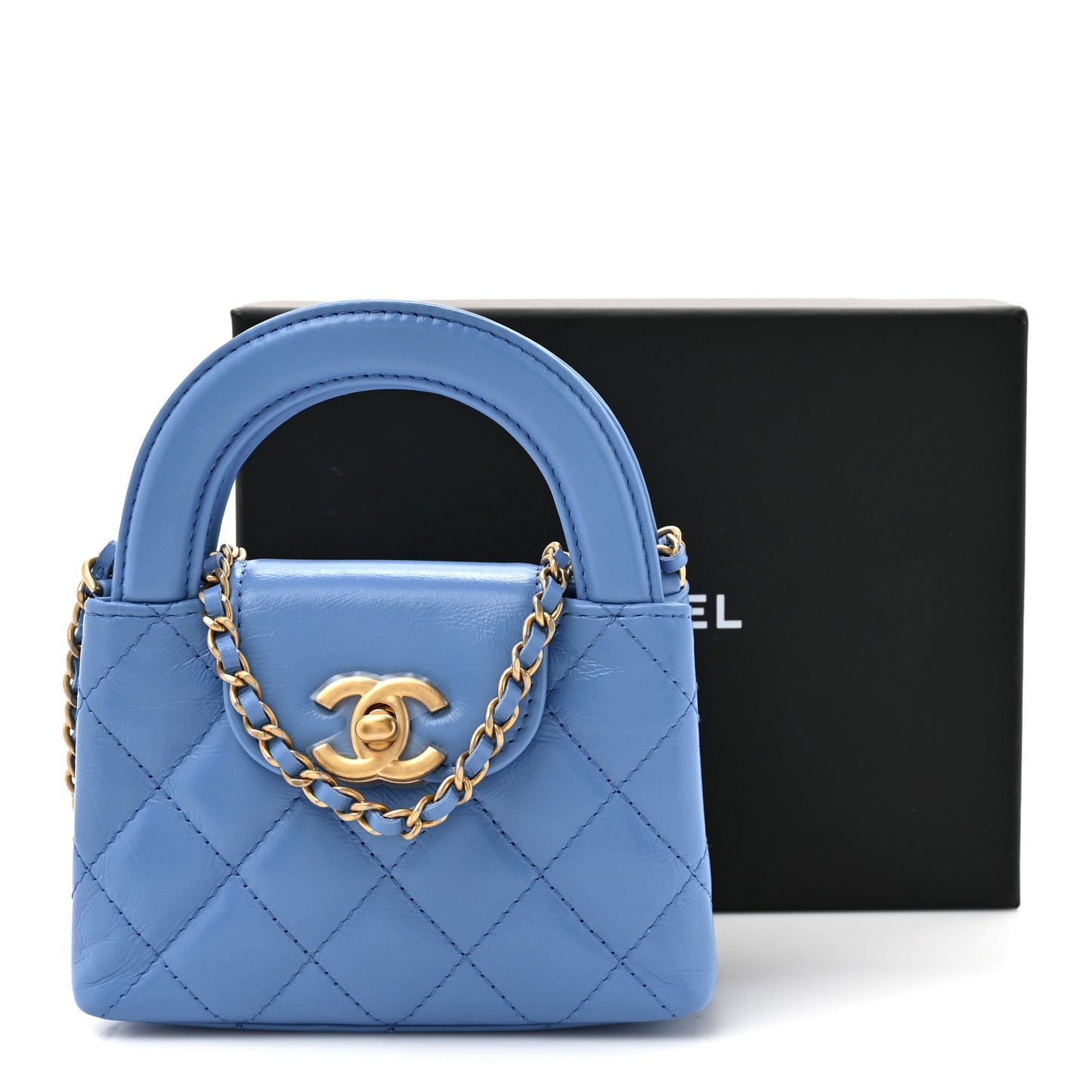 Shiny Aged Calfskin Quilted Mini Nano Kelly Shopper Blue