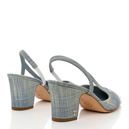 Chanel Denim Lambskin Cap Toe CC Slingback Pumps 35 Light Blue White 4 of 9