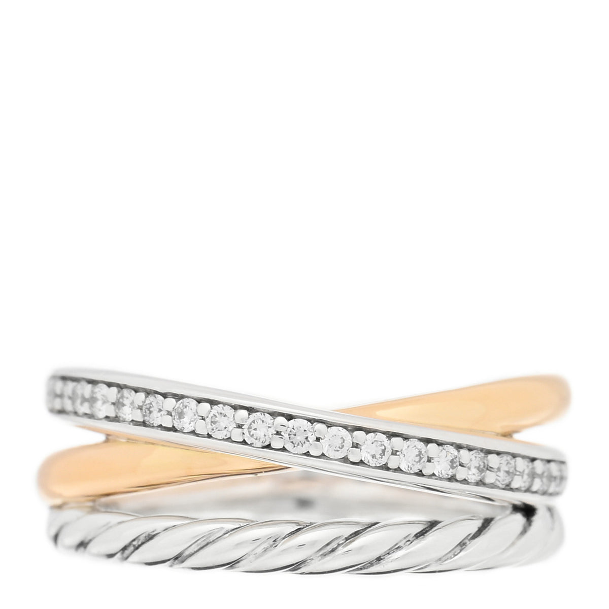 David Yurman Sterling Silver 18K Yellow Gold Diamond 11mm Wide Crossover Cable Ring 47 4 1 of 4