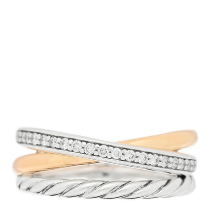 David Yurman Sterling Silver 18K Yellow Gold Diamond 11mm Wide Crossover Cable Ring 47 4 1 of 4