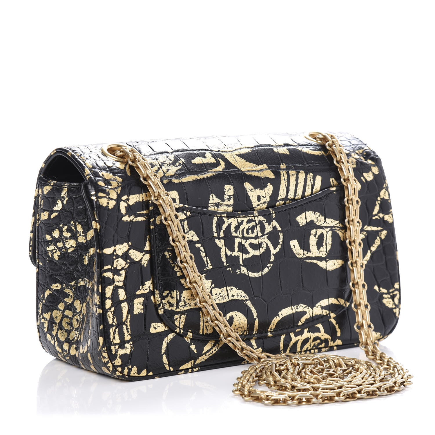 Chanel Calfskin Crocodile Embossed Graffiti 2.55 Mini Cocodile Reissue Flap Black Gold 3 of 10