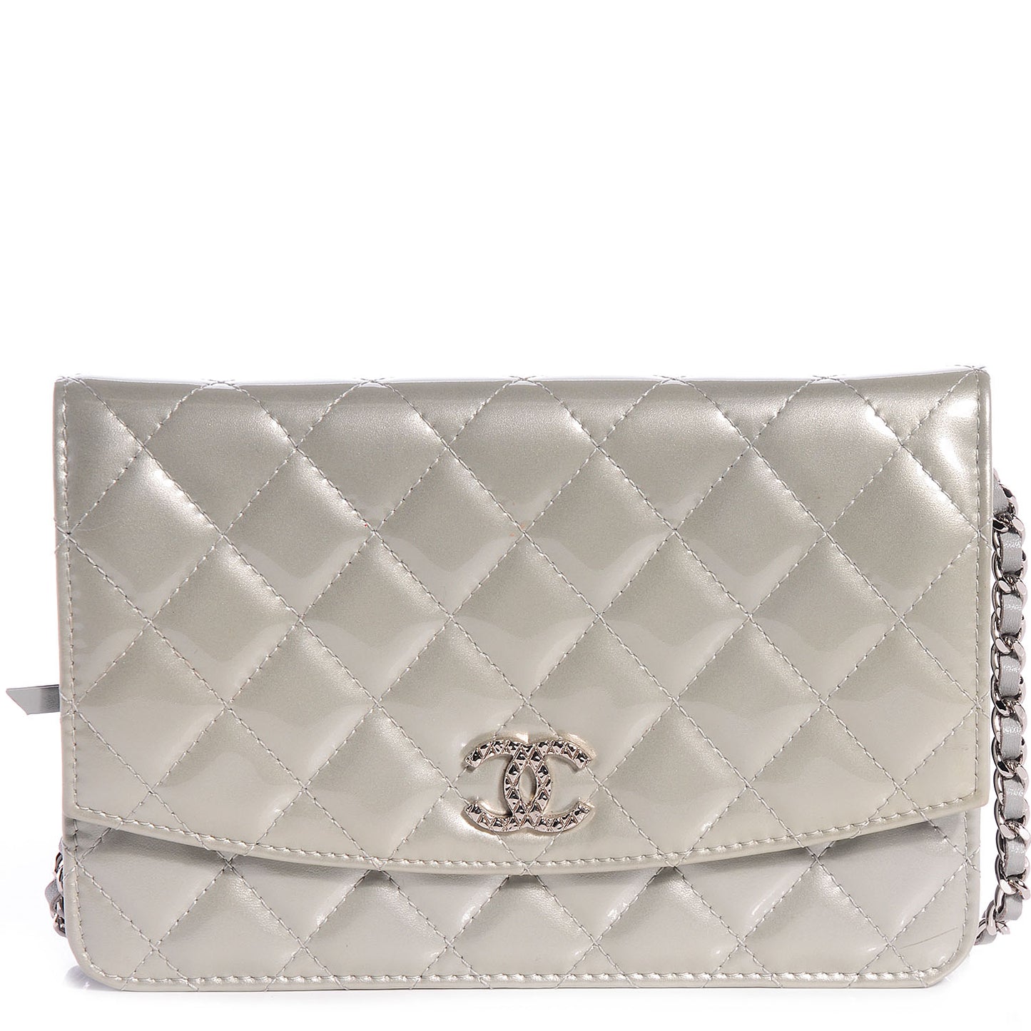 Patent Quilted Brilliant Wallet On Chain WOC Silver
