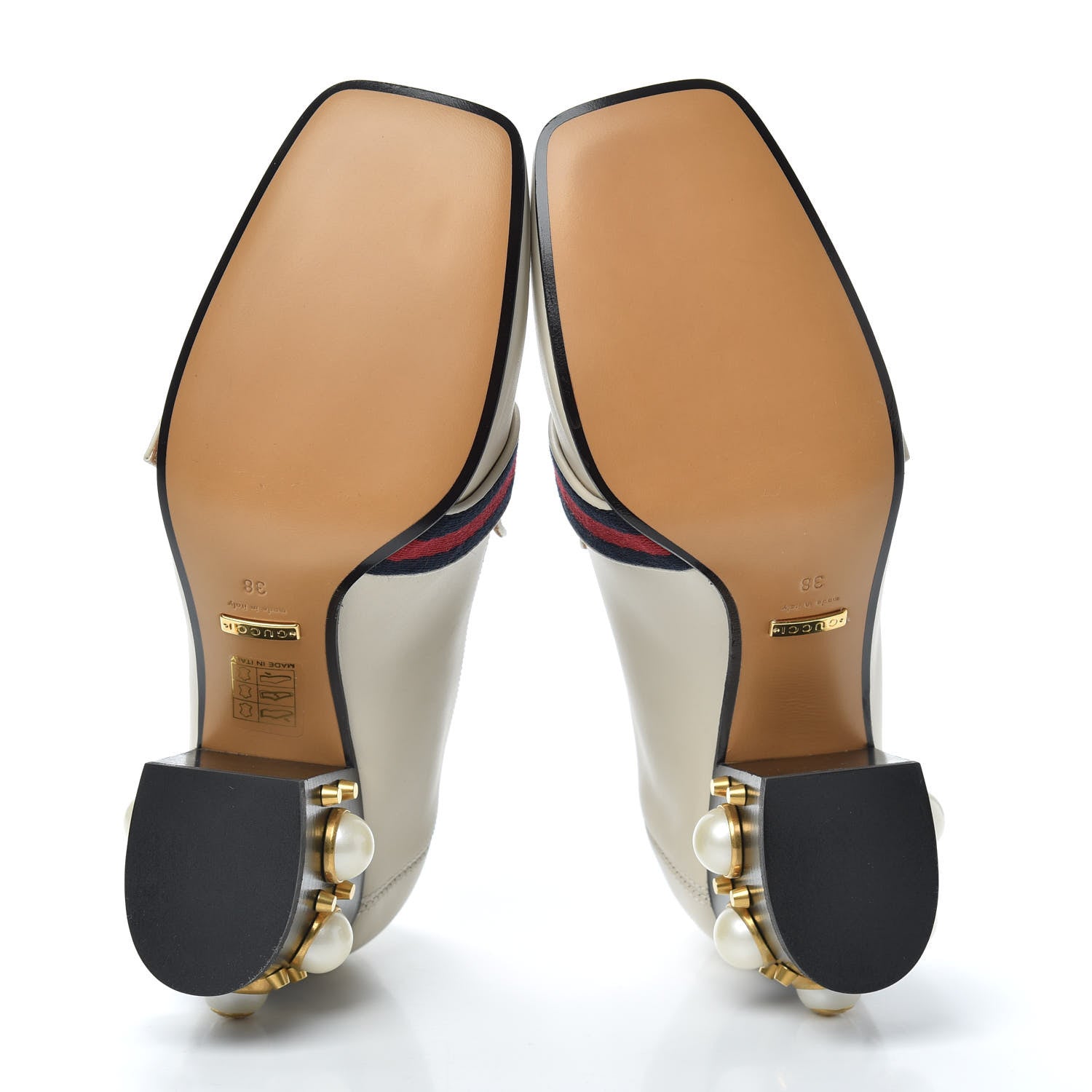 Gucci Betis Glamour Calfskin Web Pearl Embellished Peyton 75mm Loafer Pumps 38 Mystic White 6 of 7