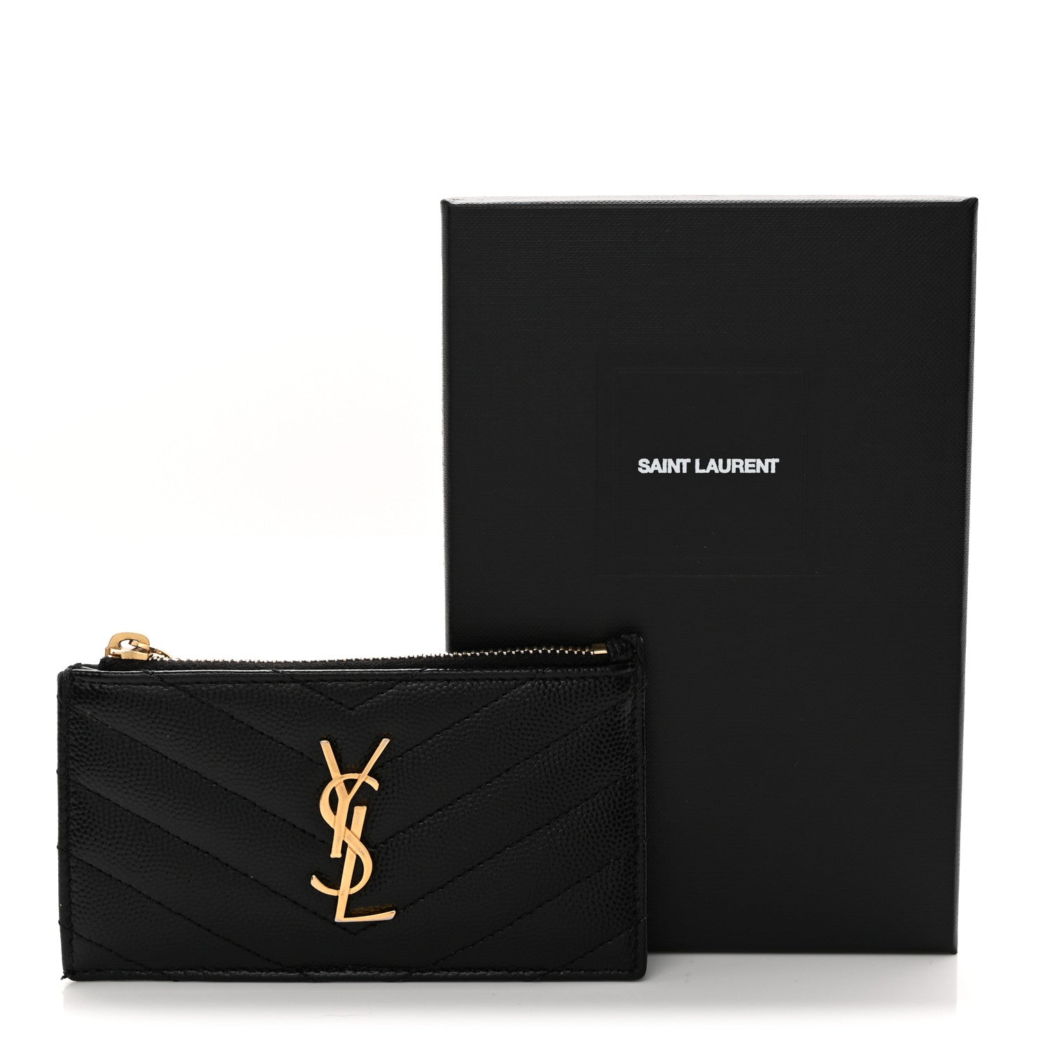Saint Laurent Grain De Poudre Matelasse Chevron Monogram Fragments Zippered Card Case Black 9 of 9