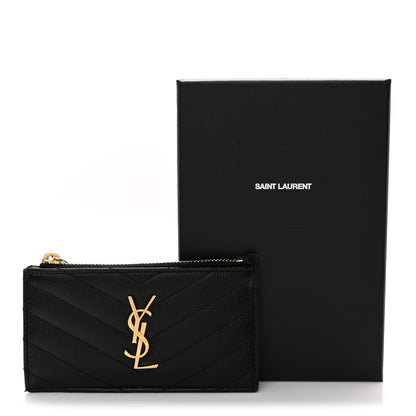 Saint Laurent Grain De Poudre Matelasse Chevron Monogram Fragments Zippered Card Case Black 9 of 9